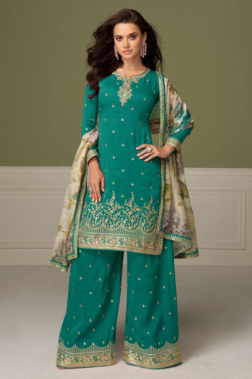 Art Silk Teal Embroidered Readymade Palazzo Salwar Suit