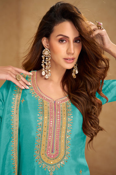 Cyan Art Silk Fancy Embroidered Function Wear Readymade Designer Salwar Suit