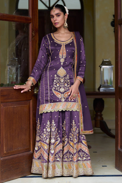 Purple Art Silk Designer Readymade Palazzo Salwar Kameez