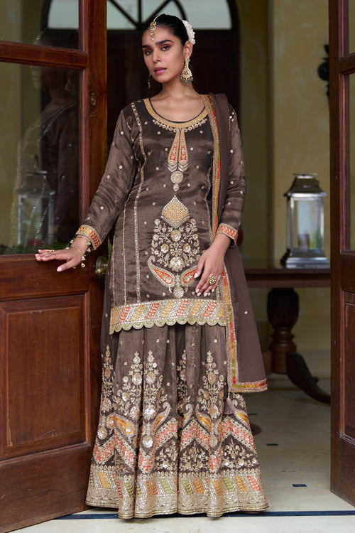 Embroidered Dark Brown Readymade Palazzo Salwar Suit