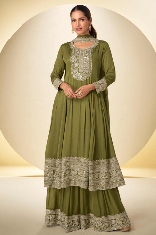 Olive Chinon Embroidered Readymade Palazzo Salwar Kameez