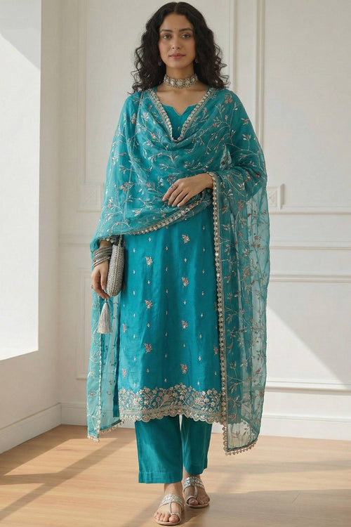 Embroidered Organza Cyan Readymade Designer Salwar Suit For Function Wear