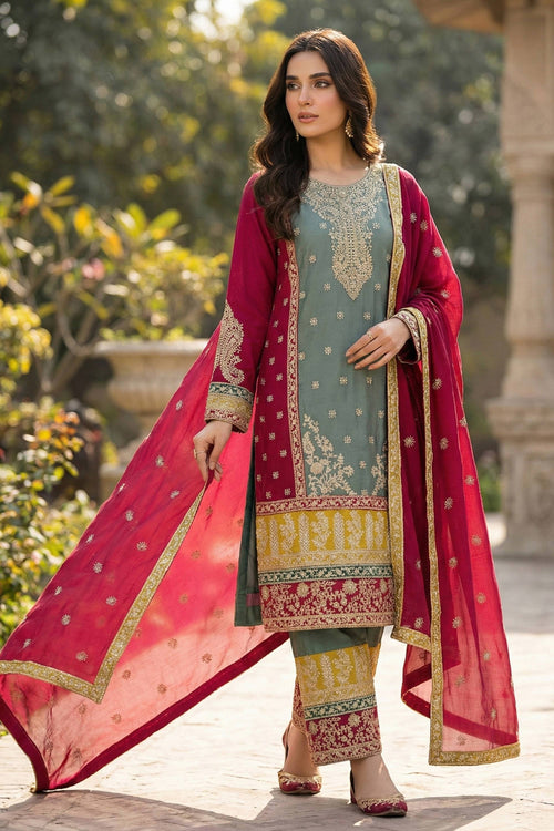 Grey Party Wear Embroidered Chinon Fabric Designer Salwar Suit