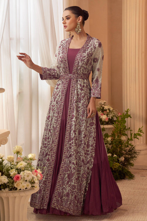 Embroidered Chinon Wine Floor Touch Gown With Long Jacket