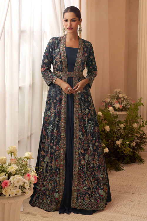 Designer Navy Blue Floor Touch Embroidered Gown With Long Jacket