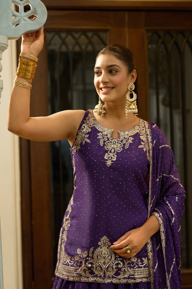 Purple Georgette Silk Embroidered Readymade Sharara Style Lehenga For Party Wear