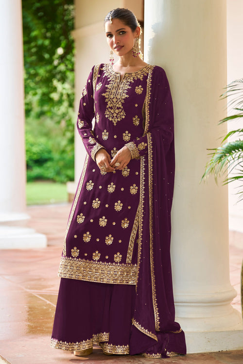 Purple Chinon Embroidered Readymade Palazzo Suit With Dupatta