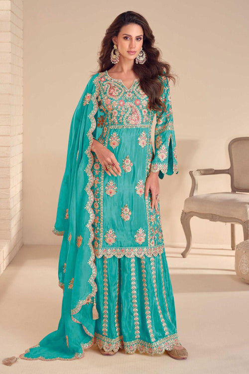 Cyan Embroidered Readymade Palazzo Salwar Suit Set
