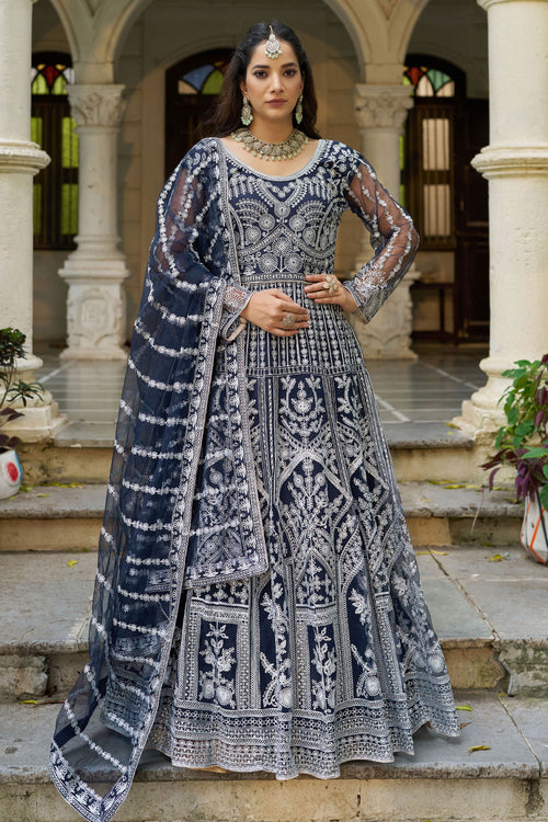 Navy Blue Net Embroidered Readymade Anarkali Suit For Function Wear