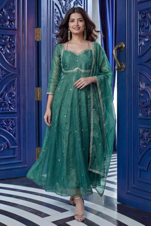 Art Silk Embroidered Green Festive Wear Readymade Anarkali Suit