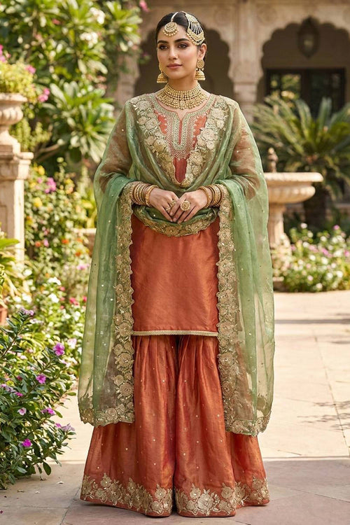 Art Silk Fabric Orange Festive Wear Readymade Palazzo Suit