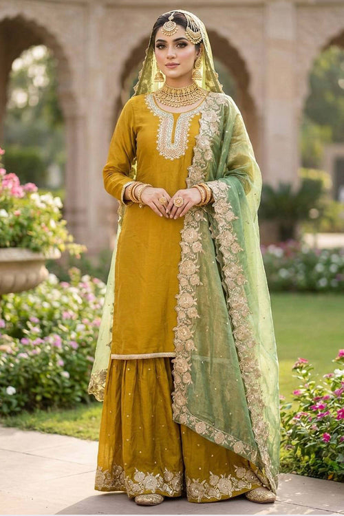 Art Silk Embroidered Mustard Readymade Palazzo Suit For Festive Wear