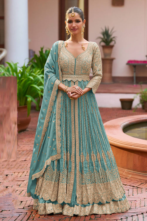 Chinon Embroidered Sky Blue Readymade Lehenga Choli For Party Wear