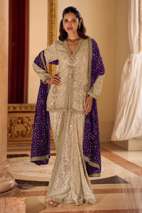 Beige Georgette Designer Readymade Indo Western Top With Dhoti Style Bottom