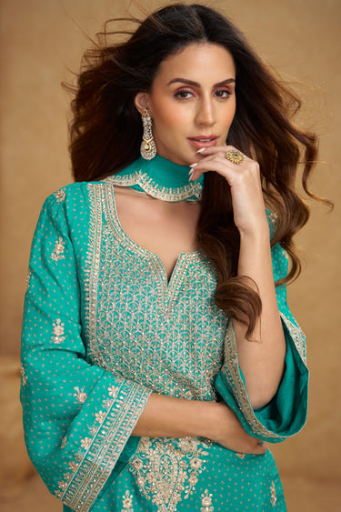 Elegant Cyan Chinon Palazzo Suit With Heavy Embroidery Work