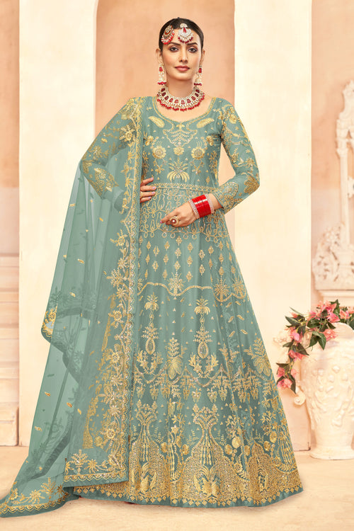 Sea Green Net Festive Wear Floor Length Anarkali Salwar Suit