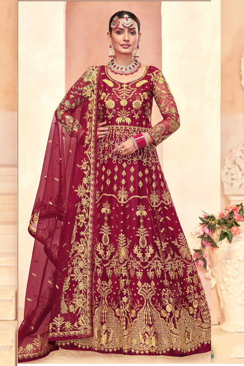 Festie Wear Wine Net Floor Length Anarkali Salwar Suit