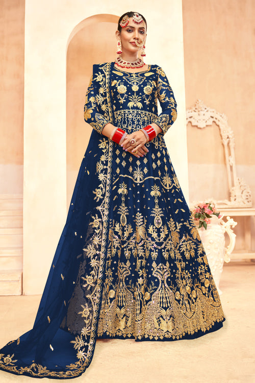 Blue Elegant Net Festive Wear Floor Length Anarkali Dress