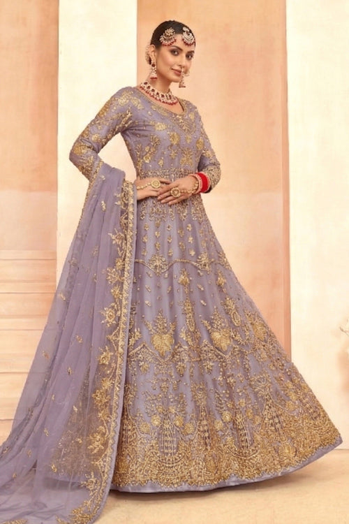 Lavender Stylish Net Floor Length Anarkali Dress With Dupatta
