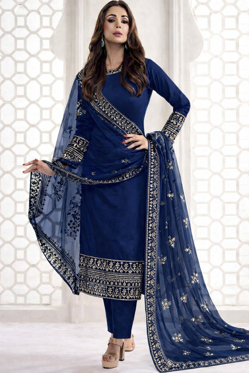 Malaika Arora Blue Chanderi Embroidered Readymade Straight Cut Salwar Kameez