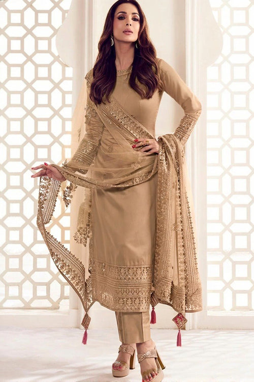 Malaika Arora Chanderi Function Wear Beige Readymade Straight Cut Salwar Suit