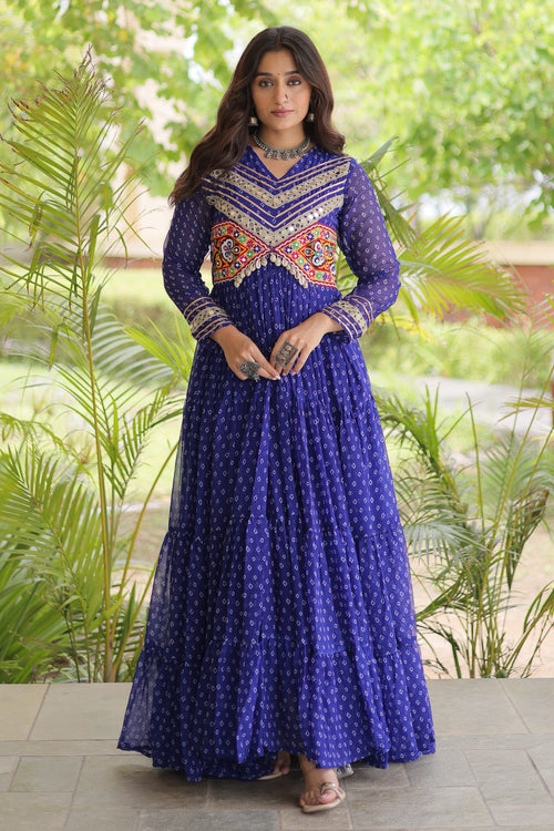Women Printed Anarkali Gown With Mirror Embroidery Work
