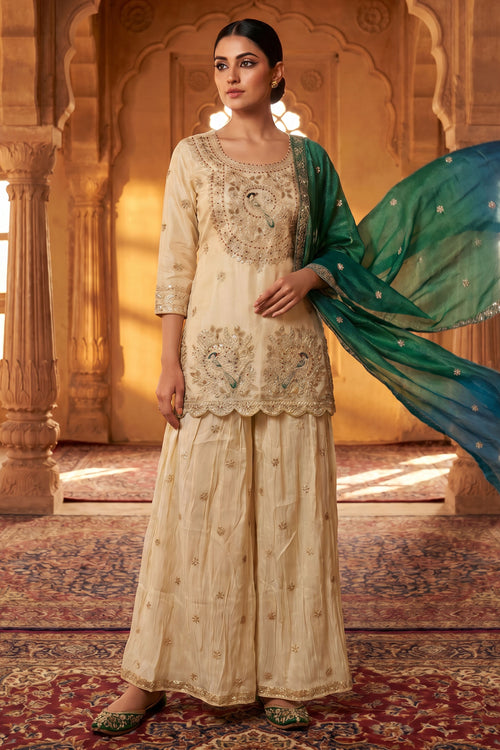 Premium Cream Embroidered Palazzo Suit With Dupatta