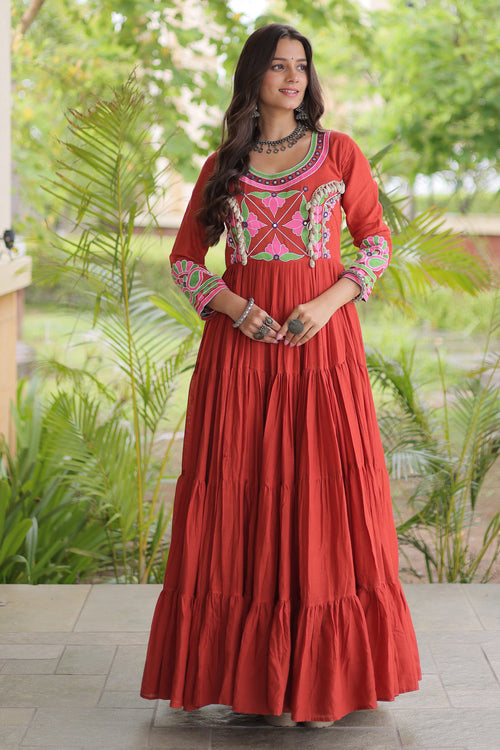 Rust Cotton Traditional Embroidered Anarkali Gown