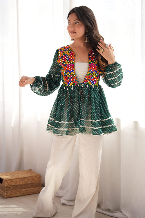 Green Traditional Faux Georgette Readymade Kediya For Garba Night