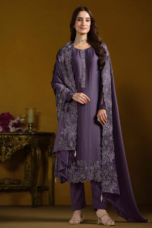 Classic Embroidered Designer Purple Straight Cut Suit