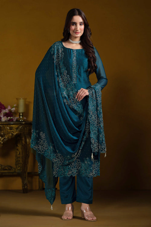 Dark Cyan Premium Georgette Embroidery Straight Cut Suit