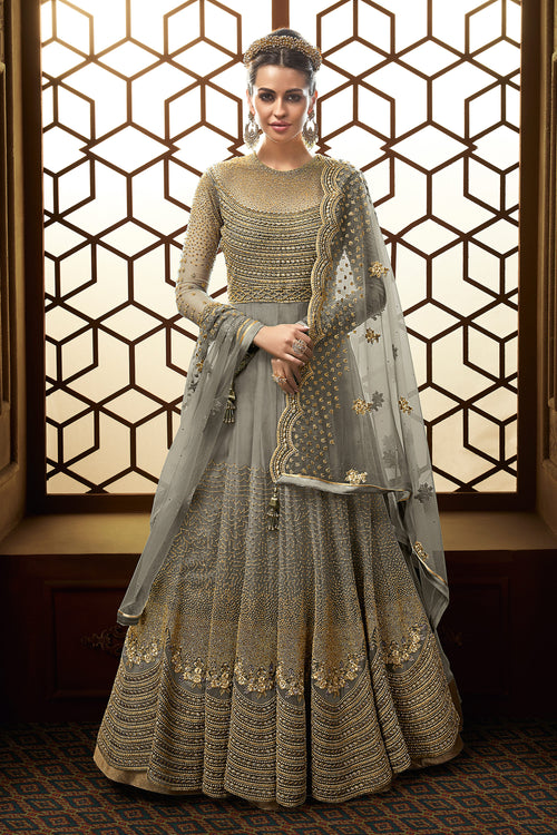Grey Elegant Zari Embroidered Wedding Readymade Anarkali Suit