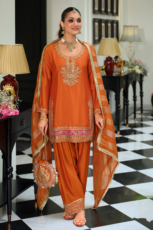 Heritage Chinon Embroidered Orange Ethnic Salwar Suit