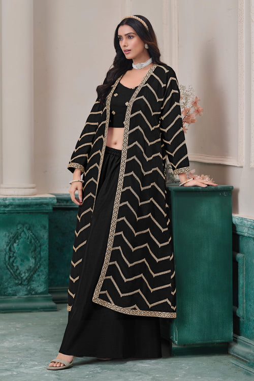 Royal Black Embroidered Jacket Style Palazzo Suit