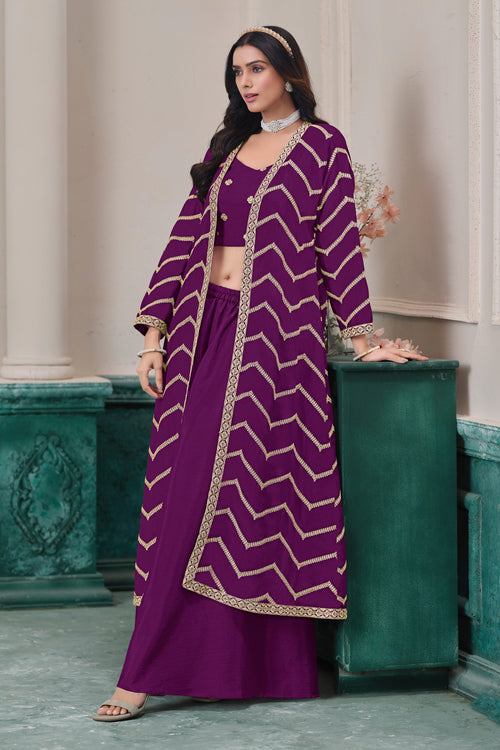 Purple Zigzag Embroidered Indo Western Suit With Jacket