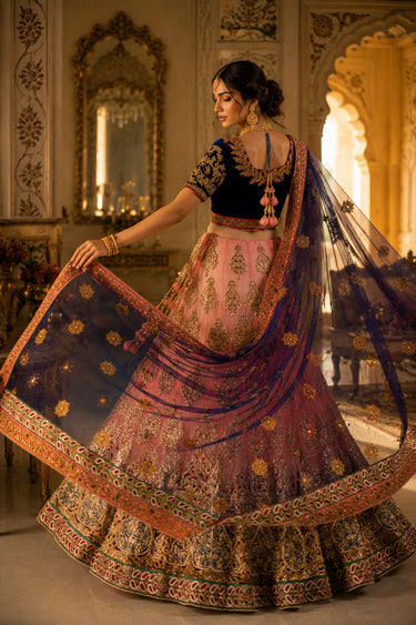 Retro Style Pink Embroidered Wedding Lehenga Choli