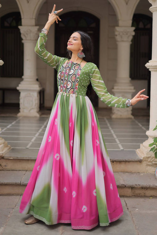 Green Faux Georgette Laheriya Bandhej Print Navratri Special Gown