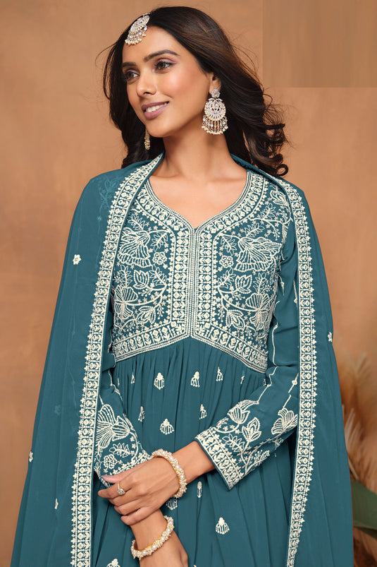 Classic Teal Color Function Wear Georgette Sharara Suit