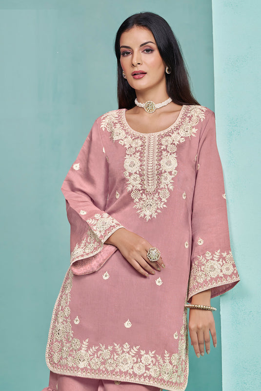 Art Silk Fabric Pink Color Embroidered Elegant Sharara Suit