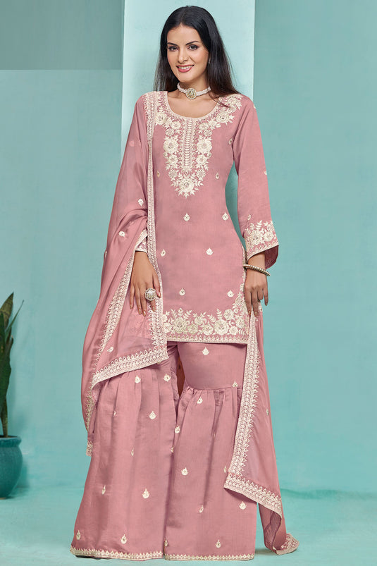 Art Silk Fabric Pink Color Embroidered Elegant Sharara Suit