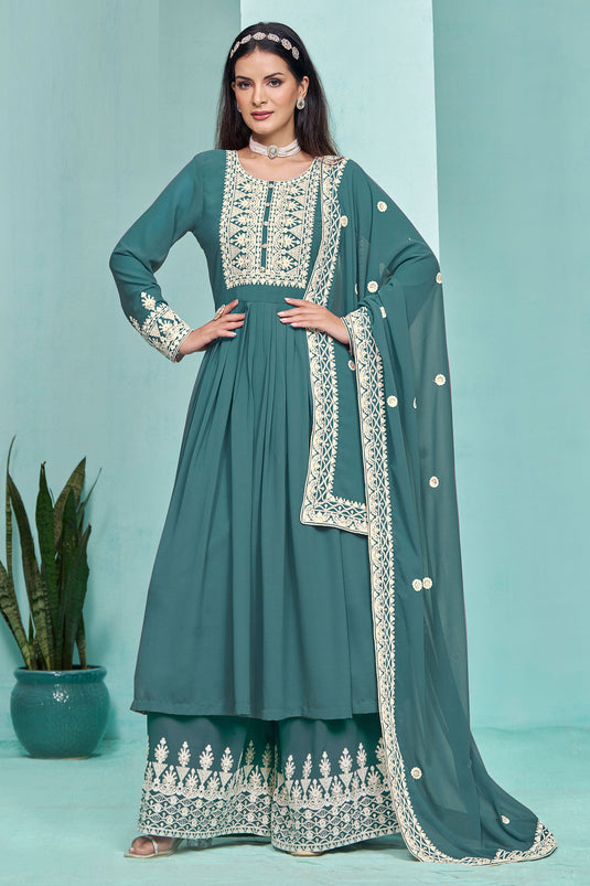 Teal Color Georgette Fabric Festive Style Classic Palazzo Suit