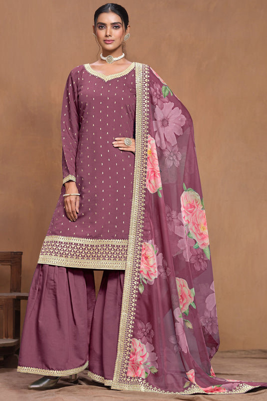 Tempting Art Silk Fabric Purple Color Palazzo Suit With Floral Design Dupatta