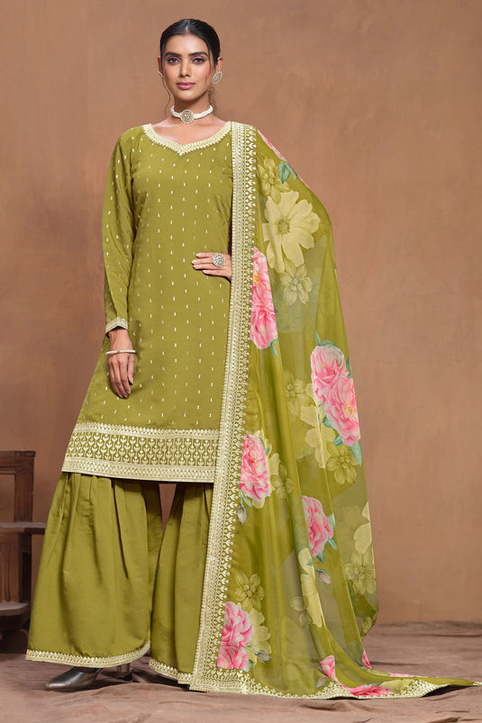 Classic Green Color Palazzo Suit With Floral Design Dupatta In Art Silk Fabric