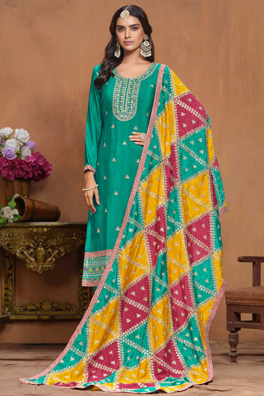 Sea Green Color Chinon Fabric Alluring Festive Wear Salwar Suit