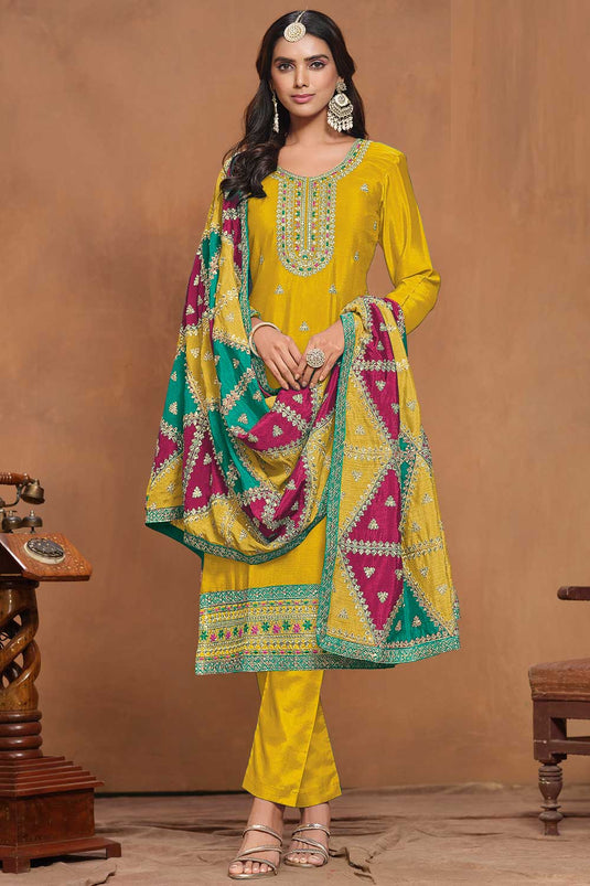 Yellow Color Chinon Fabric Festive Wear Classic Salwar Suit