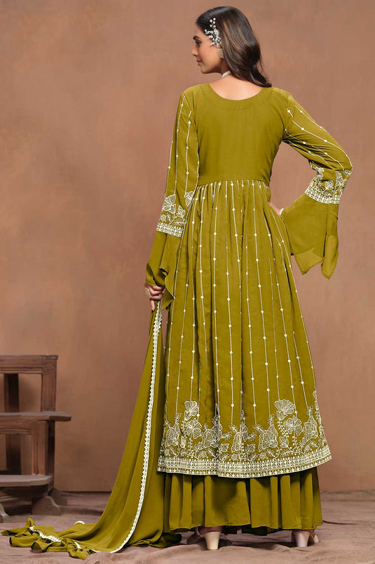 Tempting Georgette Fabric Mehendi Green Color Embroidered Palazzo Suit