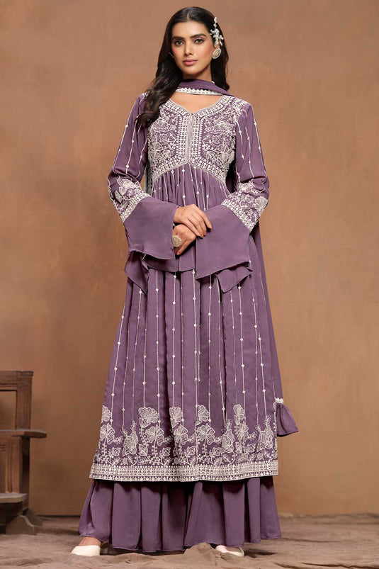 Engaging Lavender Color Georgette Fabric Embroidered Palazzo Suit