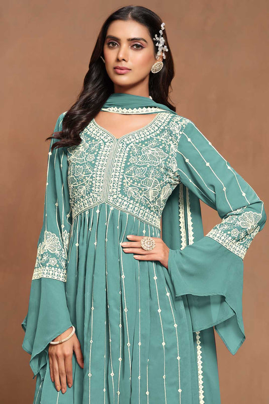 Classic Light Cyan Color Embroidered Palazzo Suit In Georgette Fabric