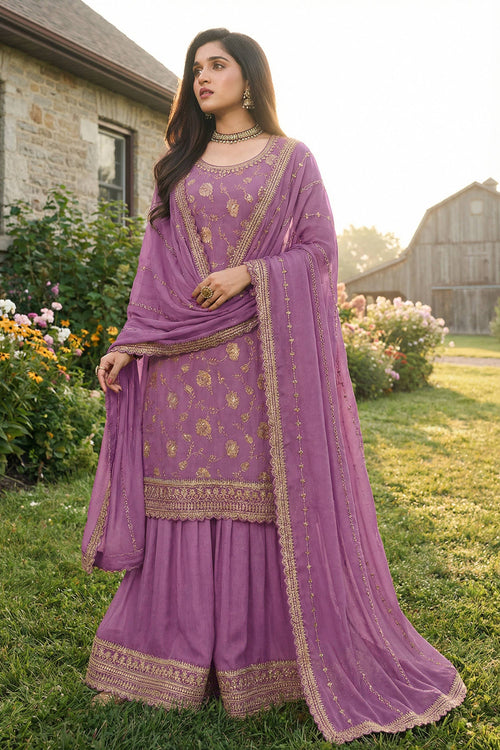 Nidhi Shah Lavender Embroidered Chinon Readymade Palazzo Salwar Kameez