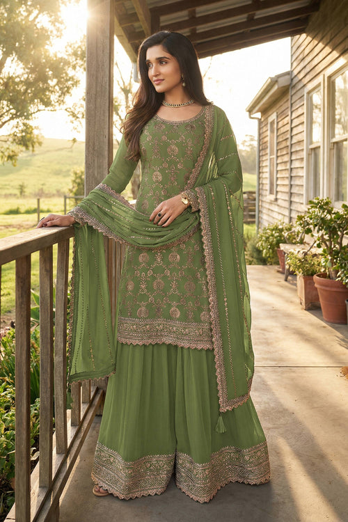 Nidhi Shah Embroidered Chinon Green Readymade Palazzo Salwar Kameez